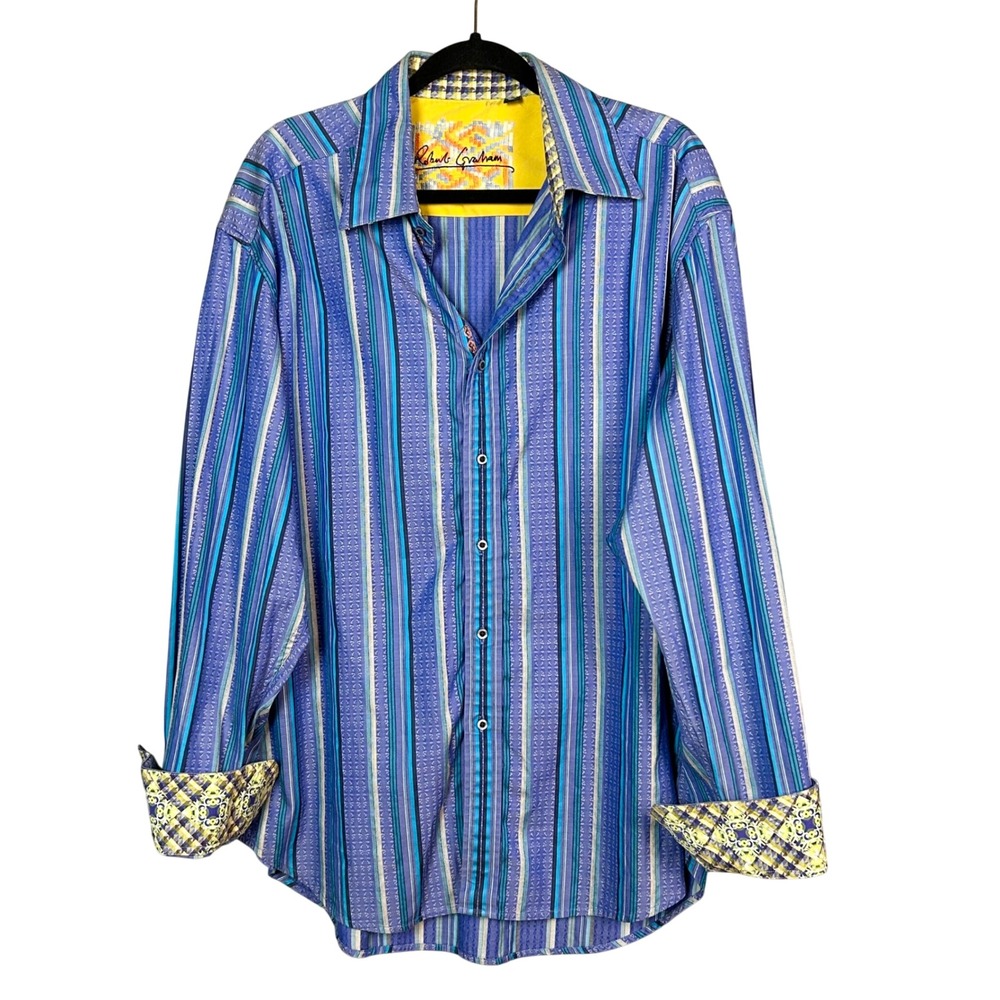 Robert Graham Shirt Mens 2XL Striped Embroidered Button Down Blue Colorful Flip